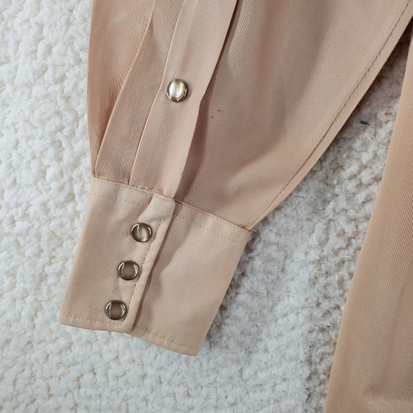 COPY Vtg H Bar C Shirt Men 15 1/2 Long Tail Slim Pearl Snap Tan Dacron Polyester - Picture 8 of 12